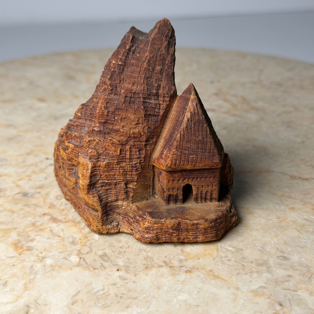 Mini Hand Carved Petrified Wood Mountain Cabin Figurine Small Brown Rustic Vtg